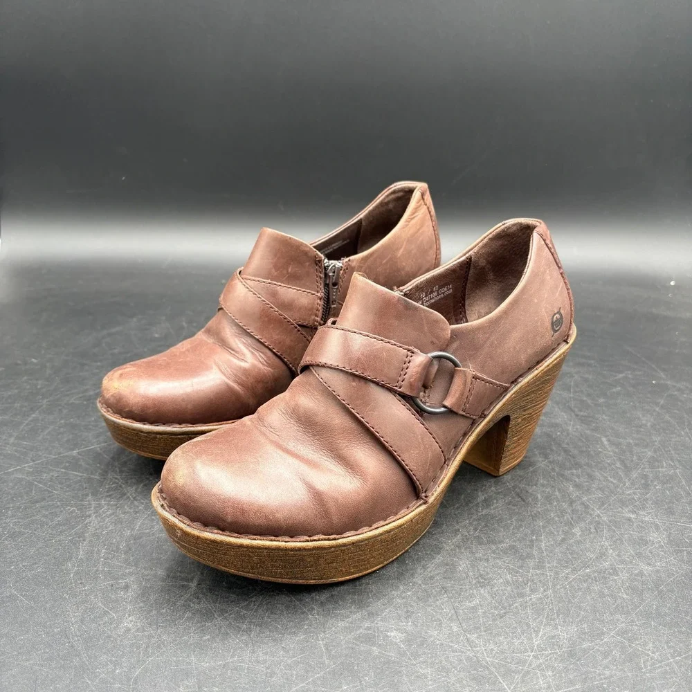 Born Brown Leather Platform Block Heel Booties Womens 10, Boho, Western Style